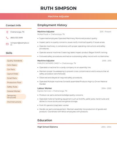 Machine Adjuster Resume