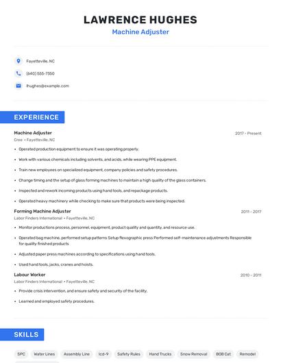 Machine Adjuster Resume