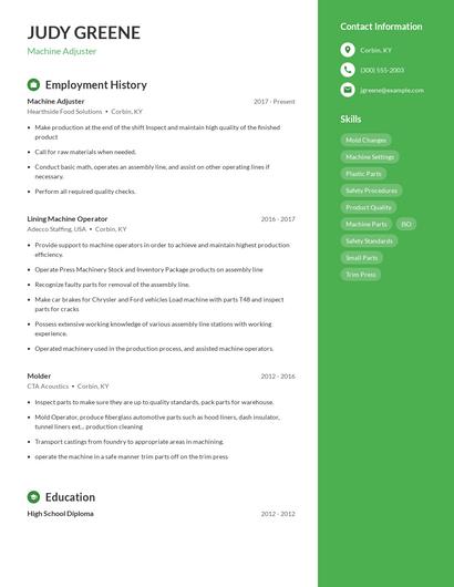 Machine Adjuster Resume