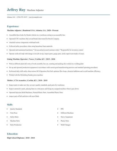 Machine Adjuster Resume