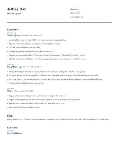 Machine Adjuster Resume