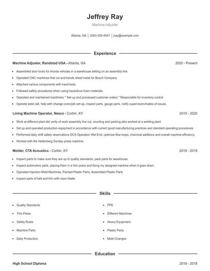 Machine Adjuster Resume