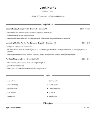 Machine Feeder Resume