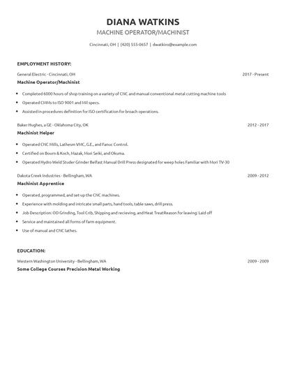 Machine Operator/Machinist Resume