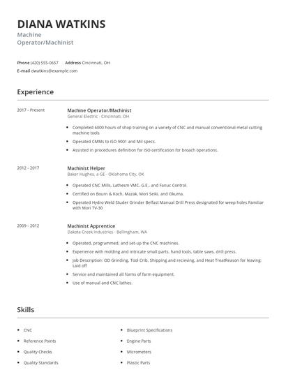 Machine Operator/Machinist Resume