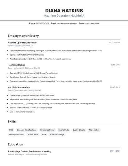 Machine Operator/Machinist Resume