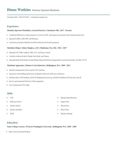 Machine Operator/Machinist Resume