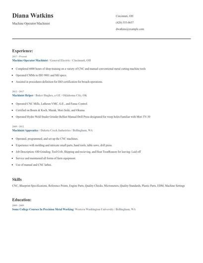 Machine Operator/Machinist Resume