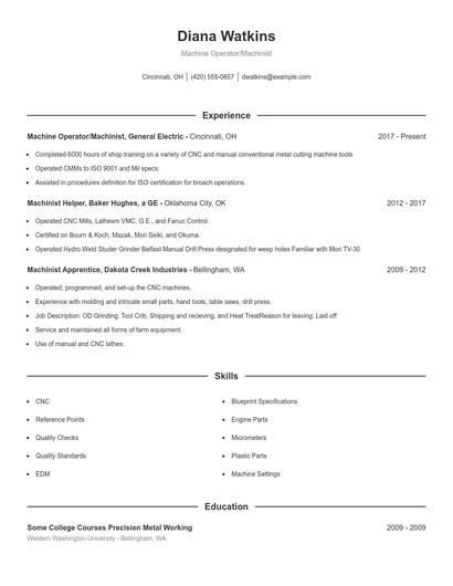 Machine Operator/Machinist Resume