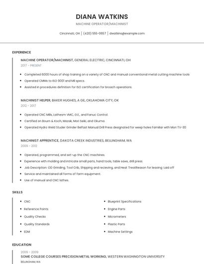 Machine Operator/Machinist Resume