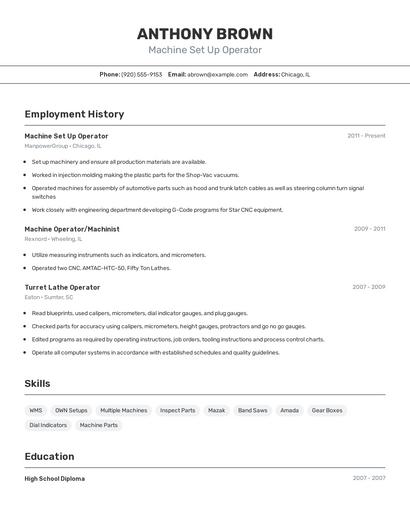 Machine Set Up Operator Resume