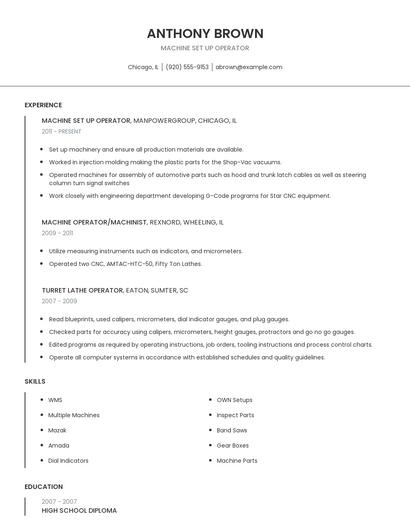 Machine Set Up Operator Resume