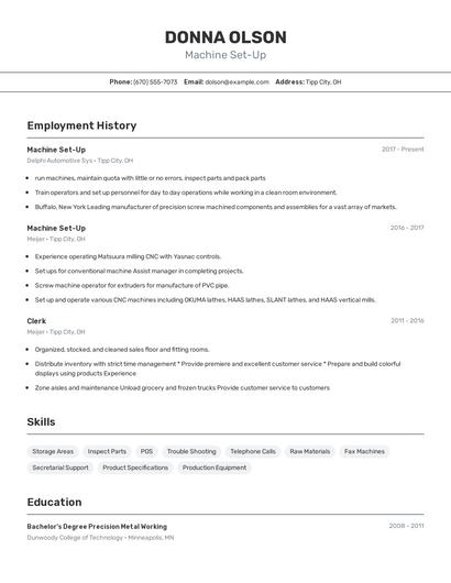 Machine Set-Up Resume