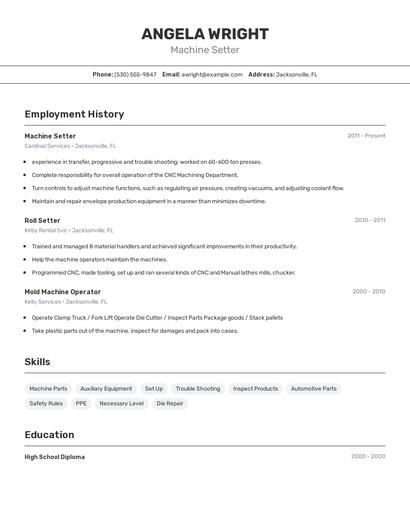 Machine Setter Resume