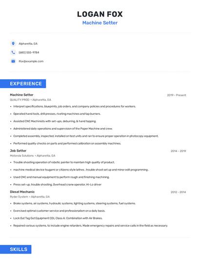 Machine Setter Resume