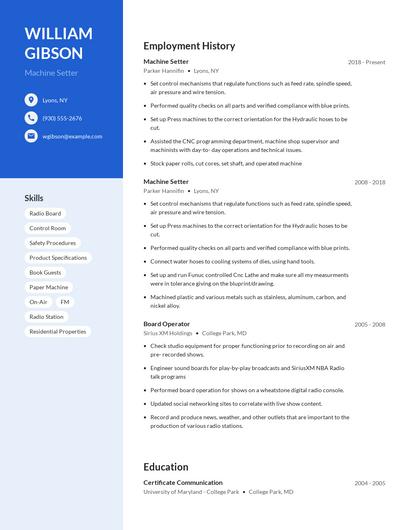 Machine Setter Resume