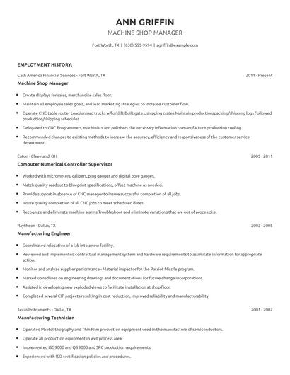 Machine Shop Manager Resume