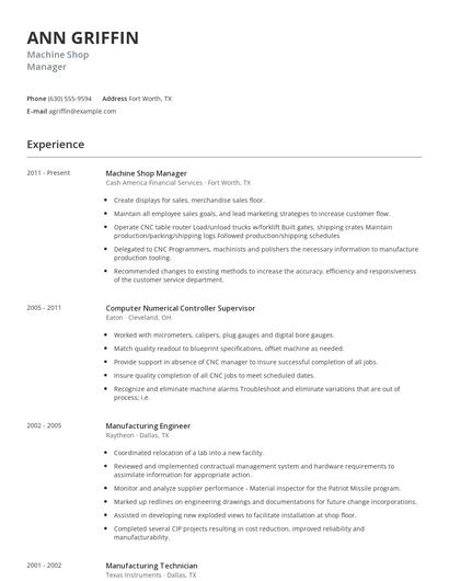 Machine Shop Manager Resume