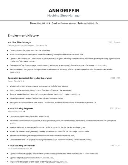 Machine Shop Manager Resume