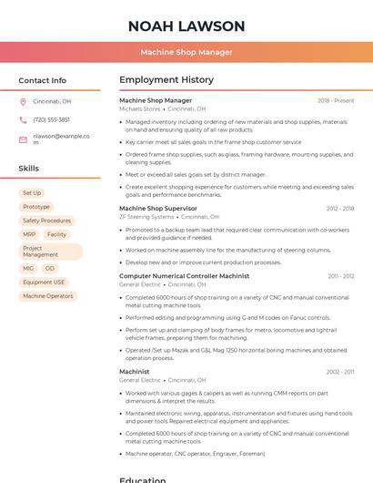 Machine Shop Manager Resume