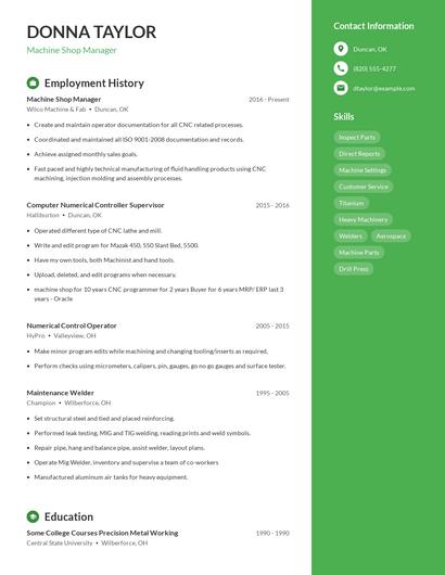 Machine Shop Manager Resume