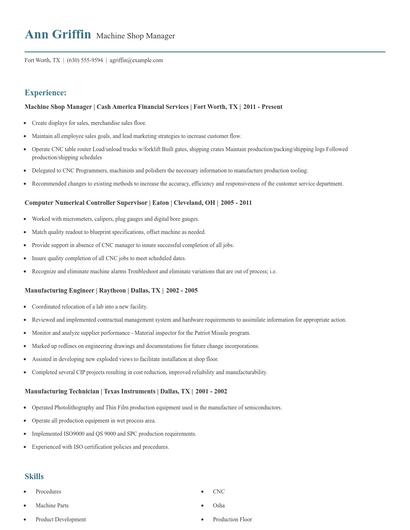 Machine Shop Manager Resume