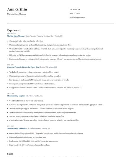 Machine Shop Manager Resume
