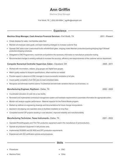 Machine Shop Manager Resume