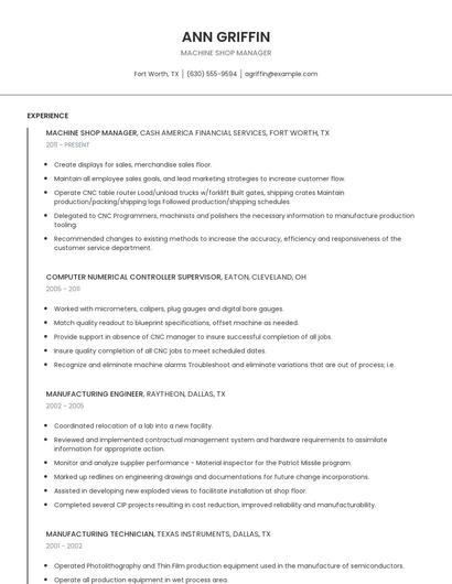 Machine Shop Manager Resume