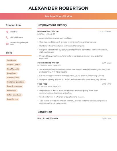 Machine Shop Worker Resume
