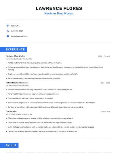 Machine Shop Worker Resume