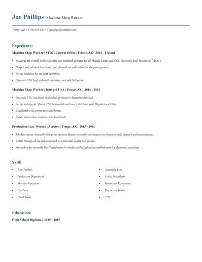 Machine Shop Worker Resume
