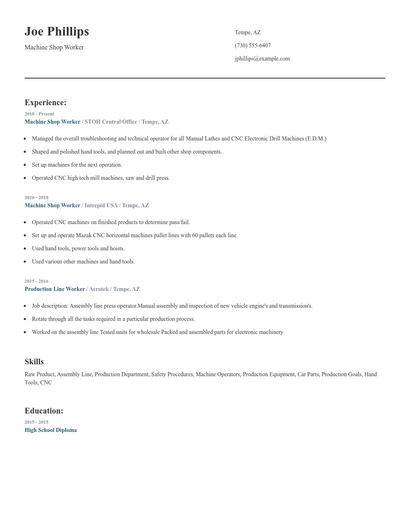 Machine Shop Worker Resume