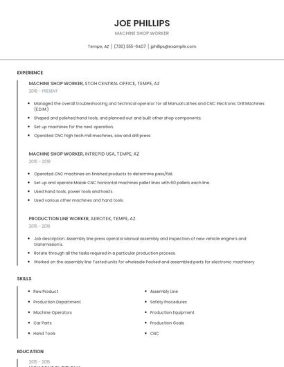 Machine Shop Worker Resume
