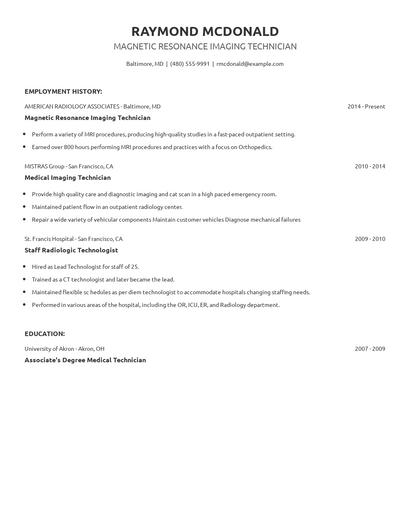 Magnetic Resonance Imaging Technician Resume