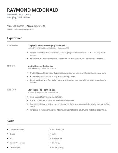 Magnetic Resonance Imaging Technician Resume