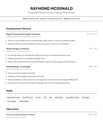 Magnetic Resonance Imaging Technician Resume