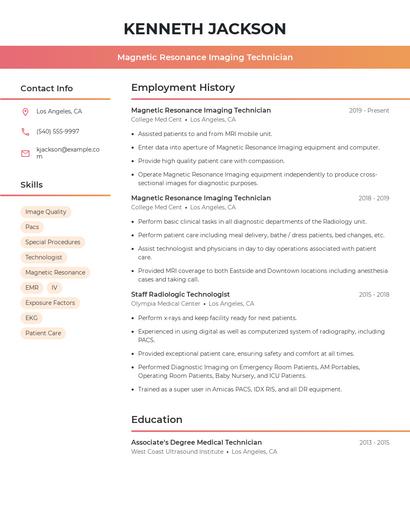 Magnetic Resonance Imaging Technician Resume