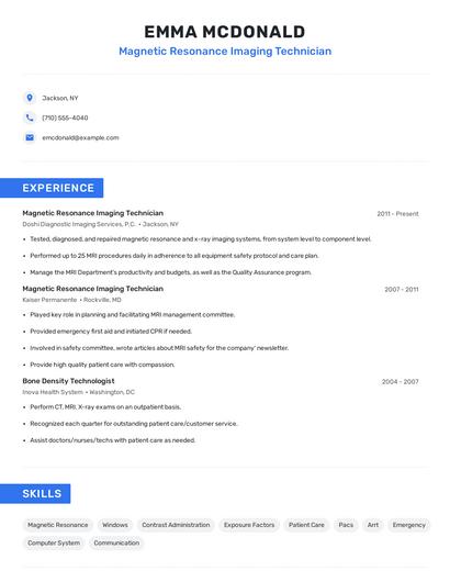 Magnetic Resonance Imaging Technician Resume