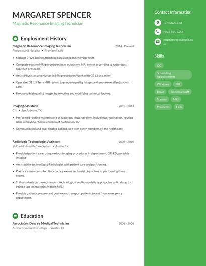 Magnetic Resonance Imaging Technician Resume
