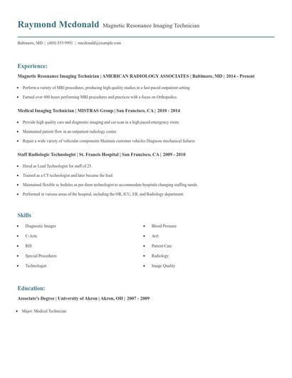 Magnetic Resonance Imaging Technician Resume