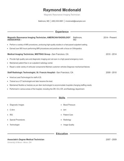 Magnetic Resonance Imaging Technician Resume