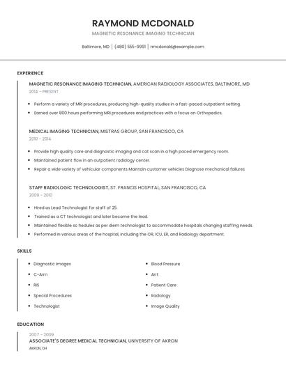 Magnetic Resonance Imaging Technician Resume
