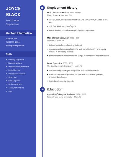 Mail Clerks Supervisor Resume