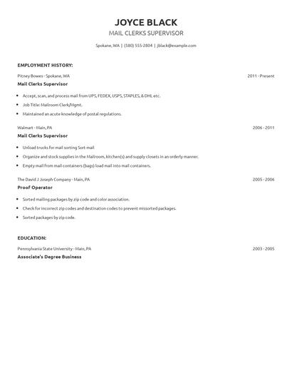 Mail Clerks Supervisor Resume