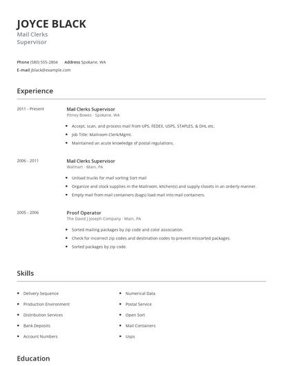 Mail Clerks Supervisor Resume