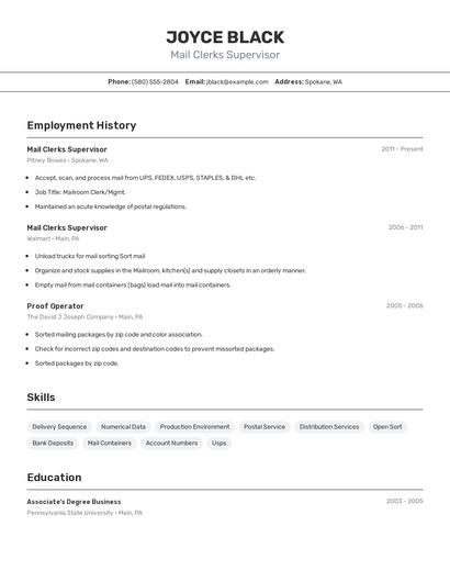 Mail Clerks Supervisor Resume