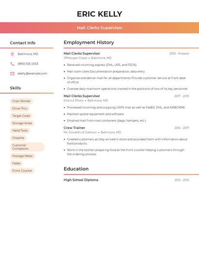 Mail Clerks Supervisor Resume