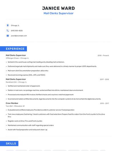 Mail Clerks Supervisor Resume