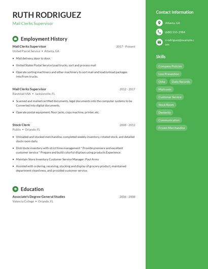 Mail Clerks Supervisor Resume